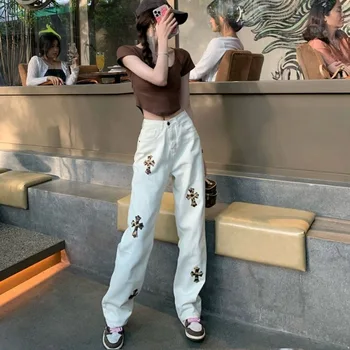 2022 Мода y2k висока талия отблясъци тенденция панталон palazzo Широк крак Жан лято женска дама жени Голям размер корейски pantalona