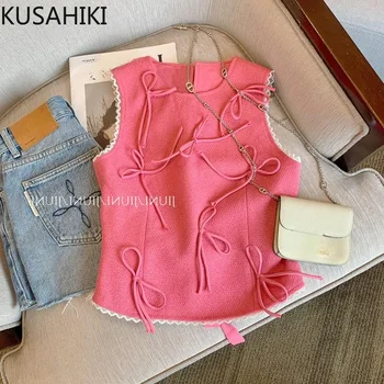 KUSAHIKI Розов лък без ръкави жилетка Топ женствена мода сладък жартиер 2024 Нов корейски пикантен момиче Y2k Crop върховете