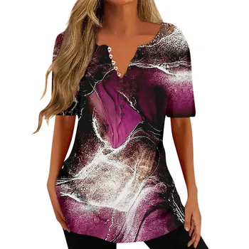 Летни ризи за жени Print V Neck къс ръкав ropa mujer juvenil vestidos para mujer Tops Printed Button Blouse Top
